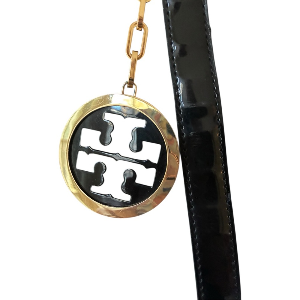 TORY BURCH Large Logo Charm Tote Black Canvas Patent Leather EUC - Picture 3 of 10